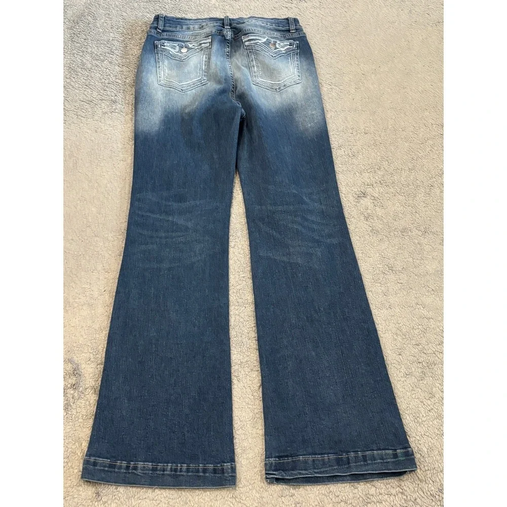 Flamingals Flare Leg Jeans Womens Size L Blue Denim Flap Pocket High Rise